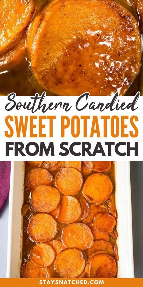 Impress your guests with this Southern candied sweet potatoes recipe. This Easy Southern Candied Sweet Potatoes recipe is homemade from scratch and baked in the oven. From there, you drizzle the dish in a thick caramelized syrup. Your Sunday dinners and soul food holiday events just got much so much tastier! Southern Candied Sweet Potatoes, Candied Sweet Potatoes Baked, Candied Sweet Potato Recipes, Baked Sweet Potato Casserole, Candied Yams Recipe, Sweet Potato Oven, Sweet Potato Recipes Baked, Sweet Potatoes Recipe, Yams Recipe