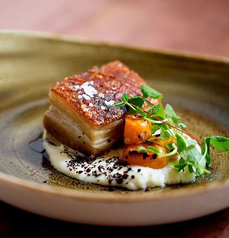 The crispy pork belly with Anson Mills grits at chef Michael Scelfo's Alden & Harlow #Boston Fancy Dinner Ideas Main Dishes, Elevated Cooking, Spring Menu, Fancy Dishes, Crispy Pork Belly, Culinary Art, Fine Dining Recipes, Crispy Pork, Pub Food