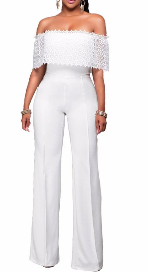 PRICES MAY VARY. Elegant and Chic Look! Off Shoulder,Wide Leg,High Waist,Solid Color,Side Zipper,Simple Style Slim Fit,Show Your Sexy Curves Suitable for Party,Club,Cocktail,Dinner,Work Wear and Casual Material:Polyester+Spandex Pls Refer to Our Size Chart to Make Sure to Get the Fit Size. All White Attire Party Outfit, All White Attire, Tube Top Romper, Cocktail Dinner, Tube Top, Simple Style, Leg Pants, Party Outfit, Side Zipper