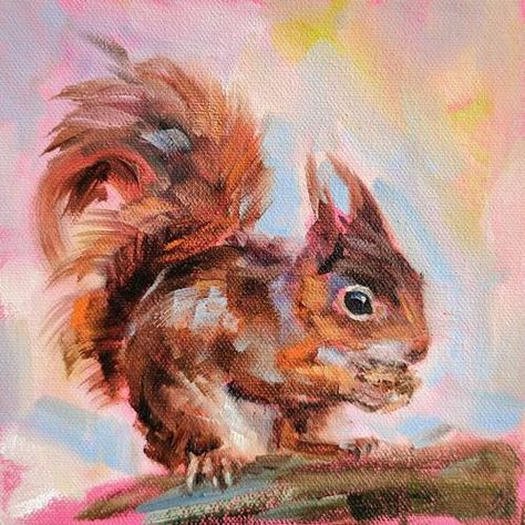 Squirrel Oil Painting, Painting Squirrels, Squirrel Painting Acrylic, Art On Small Canvas, Pastel Food, Squirrel Painting, Squirrel Print, Nursery Artwork, Animal Wall Art Nursery