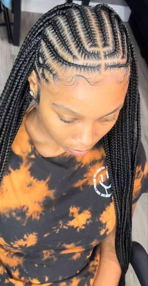 Falani Braids For Black Women, Fulani Braids With Easy Design, Cornrow Top Box Braids Back, Medium Fulani Braids With Design, Simple Fulani Braids With Design, Half Braided Hairstyles Cornrows, Natural Cornrow Hairstyles For Black Women, Large Fulani Braids, Medium Fulani Braids