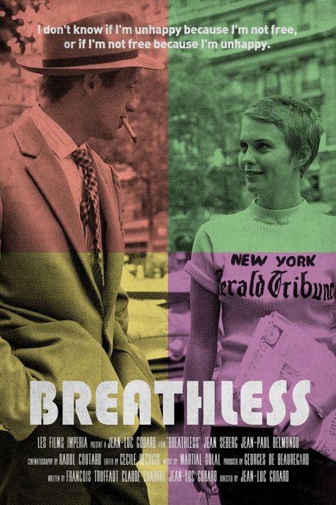 Breathless by Jean Luc Godard, 1960. Alternative French Nouvelle Vague movie poster art New Wave Cinema, Claude Chabrol, French Movie Posters, Old Film Posters, Jean Seberg, French New Wave, Film Posters Art, Wave Poster, Jean Luc Godard