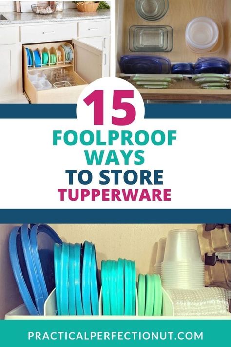 These 15 ways will easily allow you to organize and maintain your food storage containers so you don't have an avalanche of Tupperware lids every time you open your cupboard! #kitchengoals #kitchenorganization #organization #organizing #organized Store Tupperware Ideas, Tupperware Lid Organization, How To Organize Tupperware Cabinet, Plastic Container Organization, Tupperware Storage Ideas, Organizing Tupperware, Organize Tupperware, How To Decorate Kitchen Shelves, Organizing Hacks Dollar Stores