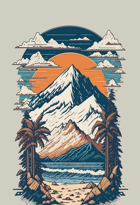 Sebuah Gunung Dengan Desain Kaos Gambar Vektor Pohon Palem#pikbest##Backgrounds Grafic Design Ideas Graphics, Mountain Sunset Landscapes, Trees Vector, Palm Tree Vector, T-shirt Design Illustration, Mountain Illustration, T Shirt Design Template, Illustration T Shirt, Summer Illustration