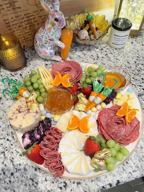 Cheese Styling, Charcuterie Board Easter, Spring Charcuterie Board, Spring Charcuterie, Easter Charcuterie Board, Salami Rose, Easter Charcuterie, Snack Platters, Charcuterie Board Meats