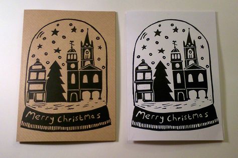 So here it is #MerryXmas! #Faversham #Kent #Snowglobe #Linoprint #xmascards #linocut #printmaking #reliefprint #handmadebyhaggy #handprinted #printmas Christmas Linoleum Prints, Christmas Block Printing, Xmas Linocut, Christmas Linocuts, Block Print Christmas, Christmas Linocut, Lino Inspiration, Lino Printmaking, Faversham Kent