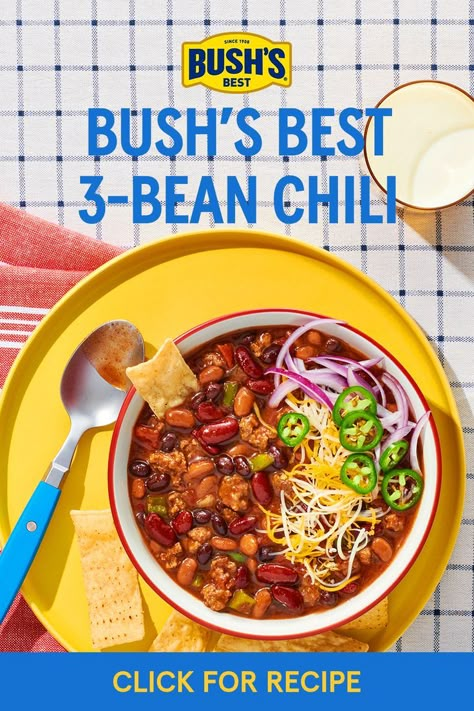 Making chili has never been easier or tastier with Bush’s 3-Bean Chili! This one pot meal brings the heat and the sweet and makes for an easy weeknight dinner. Get the chili recipe here! #weeknightdinneridea #easyrecipe #onepotrecipe #crockpotrecipe #chilirecipe Bush's Chili Recipe, 3 Bean Chili Recipe, Three Bean Chili Recipe, Sweet Chili Recipe, 3 Bean Chili, Making Chili, Crockpot Dump Recipes, Delicious Chili Recipe, Three Bean Chili