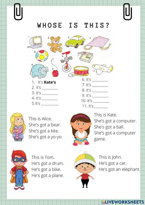 Possessive Pronouns Worksheet Grade 2, Possessive S Worksheet, Whose Worksheet, Toys Worksheets For Kids, Possessive Nouns Worksheet, Toys Worksheets, Reading Toys, English Stories For Kids, Grammar For Kids