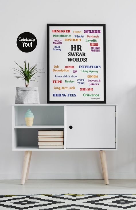 Typographical A4 or Letter size office poster featuring multiple Human Resources pet peeve words and terminology in multicoloured and multiple fonts - each word sure to really annoy any HR professional! Headed 'HR Swear Words!' in the centre of the poster. A printable digital download for printing at home or in store. Hr Office Decor Ideas, Hr Office, Swear Words, Work Office Decor, Chief Financial Officer, Office Poster, Hr Management, Pet Peeves, Gifts For Office