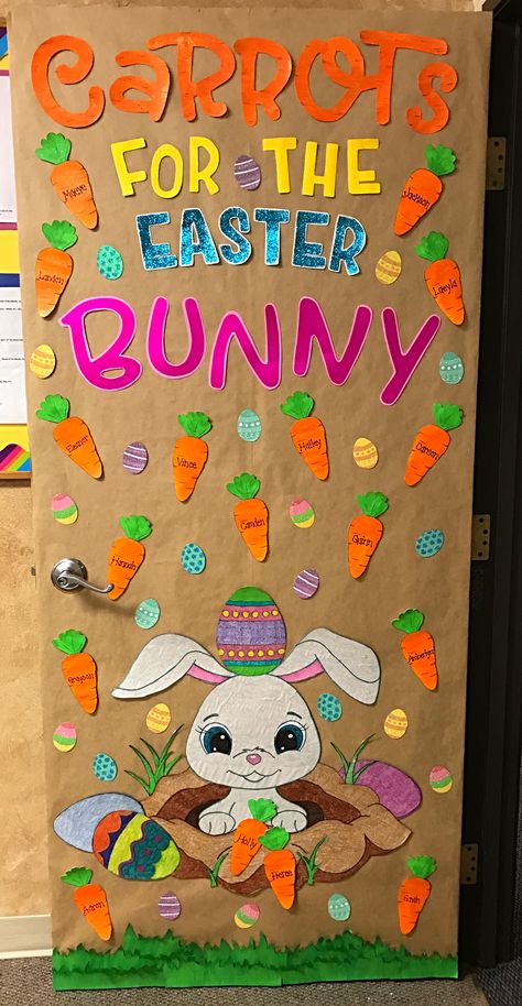 Easter Bunny classroom door | Spring crafts preschool, Easter door decor, Door decorations classroom Easter Decorations Preschool, Bunny Classroom Decorations, Easter Class Decorations, Easter Class Door Decorations, April Daycare Door Ideas, Easter Bunny Bulletin Board Ideas, Hopping Into Spring Classroom Door, Easter Decor For Classroom, Carrot Door Decoration