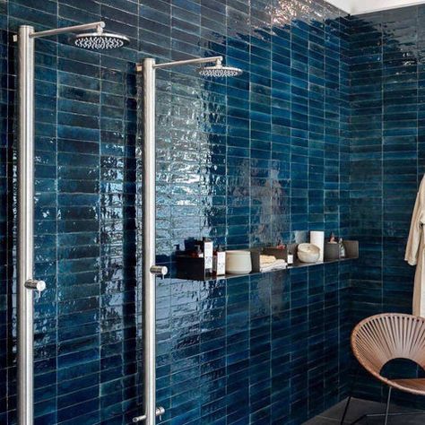 Tiled Bathroom, Bad Inspiration, Zellige Tile, Blue Bathroom, Bathroom Inspo, Design Del Prodotto, Blue Tiles, Bathroom Renos, Wall And Floor Tiles