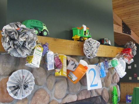 trash / recyclables banner at my son's garbage truck birthday party Grocery Gang, Garbage Truck Birthday Party, Recycle Preschool, Garbage Truck Birthday, Garbage Truck Party, Trash Bash, Truck Theme Birthday, Trash Pack, Trash Party