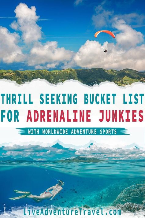 This is the Ultimate Adrenaline Junkie Bucket List for Thrill Seekers, Adventure Sports & Extreme Sports Lovers. It features the personal experiences of high Adrenaline Rush Activities from around the world as told by travel bloggers. If you are looking to complete your adventure sports bucket list look no further because these adrenaline junkie activities are sure to make your heart rush. What are you waiting for? Get ready to try some of the world's most thrill seeking activities #BucketList Bucket List Adrenaline, Adrenaline Rush Activities, Adrenaline Bucket List, Adventure Sports Bucket Lists, Extreme Sports Photography, Adventurous Activities, Bucket List Activities, Adventure Trips, Thrill Seeking