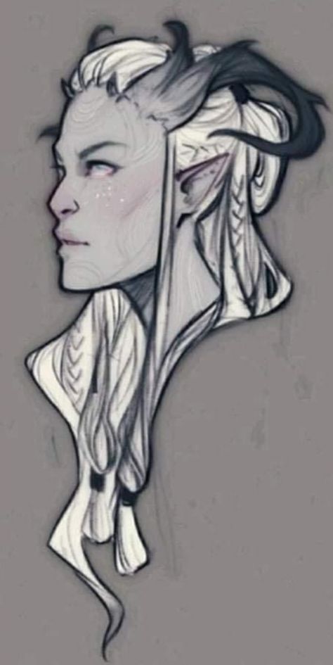 Tiefling, Female, Grey, White, Antlers Grey Tiefling, Trickery Cleric, Chantal Horeis, Celestial Warlock, Antlers Drawing, Tiefling Female, Dnd Tiefling, Dnd Campaign, Really Cool Drawings