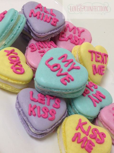 Conversation Heart Macarons  - Conversation Heart Macarons by Veronica Arthur at With Love & Confection in Easley, SC Valentines Day Deserts, Heart Macarons, Macarons Cake, Valentines Recipes Desserts, Macarons Macaroons, Valentines Baking, Macaron Cookies, Macaroon Recipes, Conversation Heart