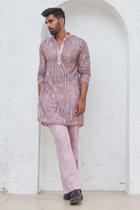 Shop for these amazing collections of Purple Net Embroidery Sequin Tanha Interstellar Short Kurta With Pant For Men by Mahima Mahajan online at Aza Fashions. Men Kurta Designs Style 2024, Minimalistic Photoshoot, Men Ethnic Wear India, India Fashion Men, Short Kurta For Men, Mahima Mahajan, Photoshoot Background, Mens Indian Wear, Boys Kurta Design