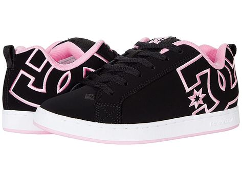 DC Court Graffik W - Women's Skate Shoes : Black/White/Pink : A modern classic, the DC Court Graffik W casual shoes deliver with a clean silhouette and bold logo detail. Casual sneakers with heavy-duty suede, sturdy action nubuck, or soft and resilient action leather upper for abrasion-resistance and durability. Foam-padded tongue and collar for added comfort and support. Textile lining offers breathability. Internal elastic tongue holders for added foot stability. Rubber cupsole with iconic pil Womens Dc Shoes, Dc Shoes High Tops, Cute Affordable Shoes, Dcs Shoes, Woman’s Shoes, Skate Vibes Aesthetic, Pink Dc Shoes, Shoe Inspo Sneakers, Dc Shoes Women