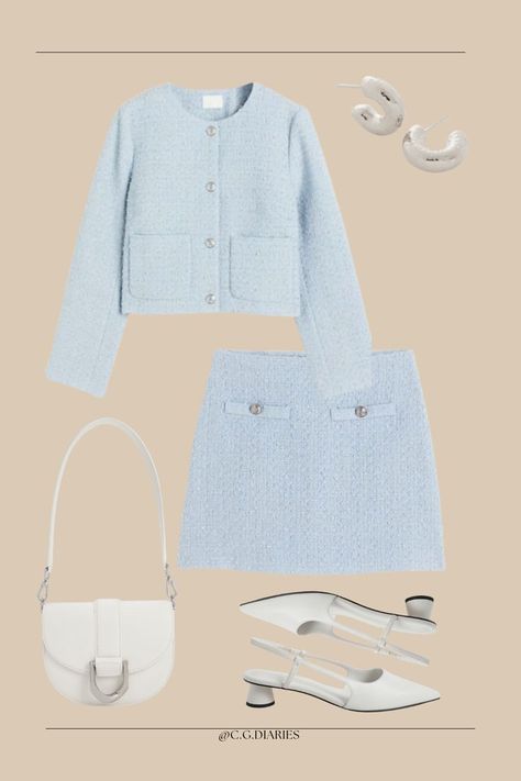 Trendy outfit idea | Minimal outfit idea | blue skirt set oufit | Cute outfit idea minimal | Silver details outfits | chic outfit idea | outfit styling Instagram @c.g.diaries Old Money Chanel Outfits, Blue Tweed Skirt Outfit, Blue Old Money Outfits, Birthday Ootd Ideas, Chanel Skirt Outfit, Blue Outfit Korean, Interview Outfit Dress, Tweed Outfit Women, Gigi Outfits