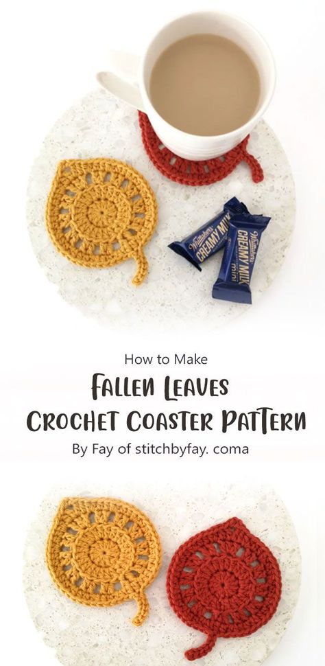 This free pattern is for a crochet leaf coaster but it’s also able to work up in no time. It makes for a great last minute gift! Fall Coasters Crochet, Crocheted Coasters Pattern Free, Leaf Coasters Crochet Free Pattern, Leaf Coaster Crochet, Crochet Leaf Coasters, Crochet Leaf Coaster, Crochet Fall Coasters, Fall Crochet Patterns Free, Crochet Leaf Free Pattern