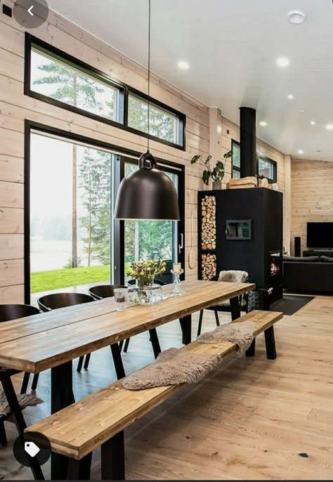 Modern Log House, Modern Cabin Interior, Log Home Interiors, Modern House Interior, Scandinavian Architecture, Log House, Cabin Interiors, Log Home, Cabin Style