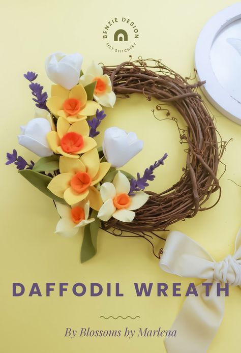 Learn to make beautiful felt daffodils to adorn a wreath or your Easter table. Created by Marlena Colazo for Benzie Design. #daffodils #springflowers #feltflowers #feltflorist #springiscoming #countdowntoeaster #eastercraft #feltcraft #benziefelt #benziedesign #benziedesignmakerteam Felt Daffodil, Daffodil Wreath, Felt Spring, Plant Crafts, Felt Wreath, Spring Door Wreaths, Church Crafts, Wreath Tutorial, Spring Table