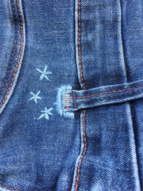 Colourful repair on a torn belt loop Embroidery Jean Repair, Visible Mending Jeans, Visible Mending Stitches, Clothing Repair, Destroyed T Shirt, Repair Jeans, Boro Stitching, Denim Repair, Mending Clothes