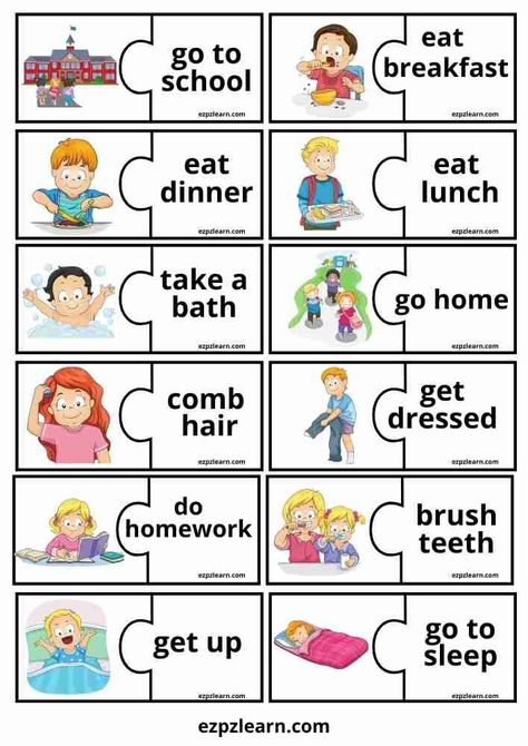 More fun with your teaching with Free Printable Word Match English Vocabulary game topic Daily Routines worksheets for ESL teachers using for kindergarten, preschool and so on you can either download or print directly from our website. English Vocabulary Games, Vocabulary Games For Kids, English Games For Kids, Teach English To Kids, English Activities For Kids, Learning English For Kids, English Phonics, Match Game, Vocabulary Games