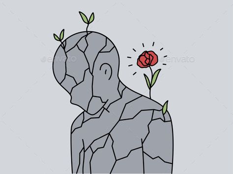 Flower Growing on Stone Person Flowers Growing Out Of Hand Drawing, Ill Drawing, Flower Petals Falling Drawing, Flowers Growing Out Of Body Art, Flowers Growing Out Of Head Drawing, Flowers Growing Out Of People Art, Rose Blooming, Flower Growing, Sketches Pencil