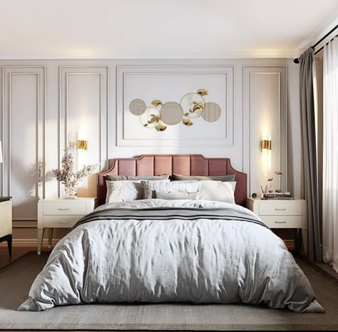 Back Wall Of Bed Designs, Champagne Bedroom, Bedroom Design Luxury, Classic Bedroom Design, Elegant Room, Wall Moulding, Unique Bedroom Design, Wall Panels Bedroom, Modern Bedroom Interior