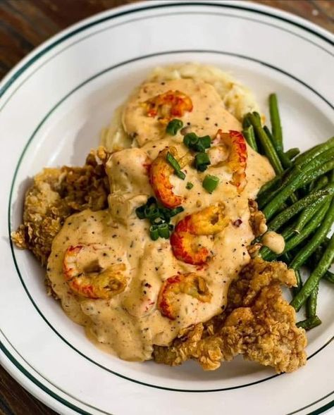 Louisiana Cajun Cooking And Recipes | Chicken Fried Steak, Creole Crawfish Gravy, Mashed Potatoes and Roasted Green Beans. | Facebook Creole Crawfish Gravy, Crawfish Gravy, Gravy Mashed Potatoes, Truffle Mashed Potatoes, Chicken Fried Steak Recipe, Louisiana Cajun, Fried Steak, Cajun Cooking, Roasted Green Beans