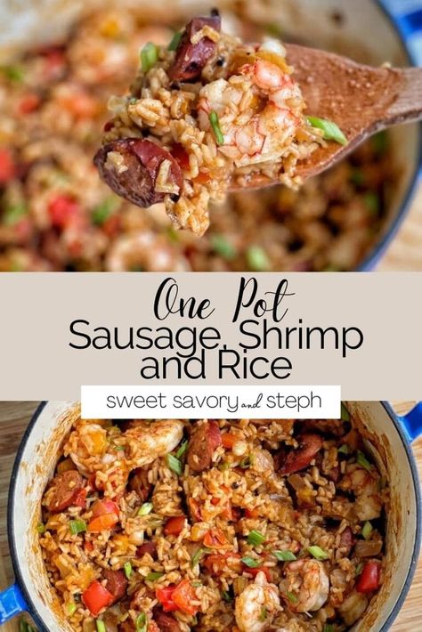 One pot sausage, shrimp and rice is a dish reminiscent of Jambalaya.  Everything cooks in one pot and comes together so easily; the flavors build on each other as each component cooks.  Smoky turkey kielbasa, peppers, onion, fluffy white rice, and fresh shrimp are the main stars of this show.  With a good amount of seasoning and some fresh scallions, this dish is flavorful and a nice change up from your usual dinner routine, but you won't be stuck in the kitchen for hours.  One pot sausage, ... Sausage And Shrimp Recipes, One Pot Sausage, Turkey Kielbasa, Sausage Shrimp, Shrimp And Rice Recipes, Sausage Rice, Kielbasa Recipes, Fresh Shrimp, Shrimp Sausage