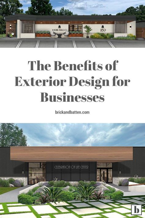 We've helped nearly 3,000 homeowners with their #curbappeal since launching brick&batten. However, we're seeing more and more demand for a side of our work that we don't talk about as often: #exteriordesign for businesses. Our expert designers have been putting together renderings and resource lists for small businesses — from restaurants to retail shops to dentist’s offices — since the early days. Own a commercial property? Get tips in this post! Small Office Exterior Design Buildings, One Story Office Building Exterior, Small Office Exterior Design, Commercial Exterior Design, Small Commercial Building, Small Commercial Office Design, Business Building Exterior, Commercial Building Exterior Facades, Modern Commercial Building Exterior