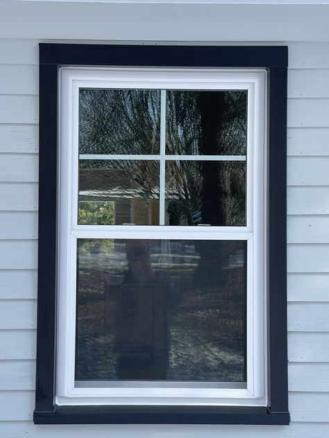 Black Window Trim With White Grids, Trim Around Exterior Windows, Simple Window Trim, Black Trim Interior, Black Window Trims, House Makeovers, Porch Remodel, Window Trim Exterior, Black Windows