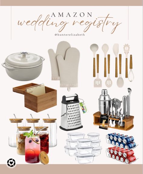 What’s on my Amazon wedding registry 🤍💍 Amazon home, kitchen essentials, Amazon kitchen, utensil set, recipe box, juice glasses, bar cart, fridge organization, food storage, Dutch oven, lodge, Amazon finds, prime day, wedding, bachelorette, bride, bridal shower, wedding shower, wedding ideas Follow my shop @HunterElizabeth on the @shop.LTK app to shop this post and get my exclusive app-only content! #liketkit #LTKwedding #LTKxPrimeDay #LTKhome @shop.ltk https://liketk.it/4cYJj Housewarming Registry List, Amazon Wedding Registry Ideas, Wedding Registry Amazon, Bridal Shower Registry Ideas, Wedding Registry Must Haves, Housewarming Registry, Wedding Registry List, Wedding Registry Ideas, Bridal Shower Registry