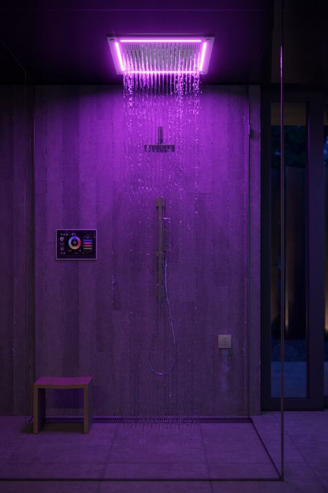 Modern Bathroom Aesthetic, Neon Bathroom Aesthetic Ideas, Neon Shower Aesthetic, Aesthetic Shower, Nightclub Bathroom Aesthetic, Infrared Sauna Steam Shower, Shower With Red Led Lights, Purple Led Bathroom, Bedroom Ideas For Small Rooms Cozy