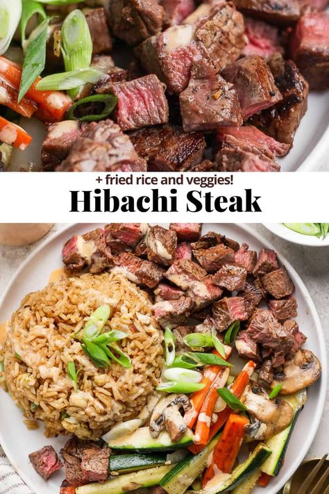 Hibachi Steak - A delicious and easy Hibachi Steak recipe that your whole family will love! Paired with fried rice, veggies and homemade Yum Yum Sauce! #hibachisteak #hibachisteakrecipe #hibachisteakbowls #hibachisteakandfriedrice #hibachisteakblackstone Hibachi Shrimp And Steak, Hibachi Chicken And Steak Recipes, Hibachi Steak Bowls, Steak Habatchi, Black Stone Hibachi Recipes, Beef Hibachi Recipe, Steak Hibachi Recipe, Easy Hibachi Steak, Habatchi Recipe