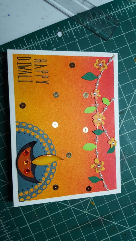 Happy Diwali card #indianmotif #embossing #diya #happydiwali #cardsforeveryoccassion #geetlovespainting #greetingcards #beautifulcolors #lovingit😍 #rangoli #toran #handmade #geetikart Happy Diwali Cards Design, Diwali Handmade Cards, Diwali Cards Handmade Creative, Diwali Project For School, Diy Diwali Cards, Card Making Competition, Handmade Diwali Greeting Cards, Cards For Diwali, Diwali Card Making