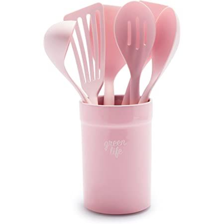 Amazon.com: GreenLife Cooking Tools and Utensils, 7 Piece Nylon and Wood Kitchen Set with Ceramic Crock Holder, Heat Resistant Spatula and Spoons, BPA-Free, Pink : Home & Kitchen Fruit Soft Serve, Wood Cooking Utensils, Ceramic Crock, Silicone Kitchen Utensils, Silicon Utensils, Kitchen Utensil Set, Silicone Kitchen, Ceramic Jars, Green Life