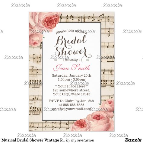 Musical Bridal Shower Vintage Pink Floral Elegant Invitation Music Wedding Invitations, Bridal Shower Vintage, Vintage Music Sheet, Wedding Invatations, Shower Music, Shower Vintage, Rustic Bridal Shower Invitations, Vintage Bridal Shower, Bridal Shower Cards