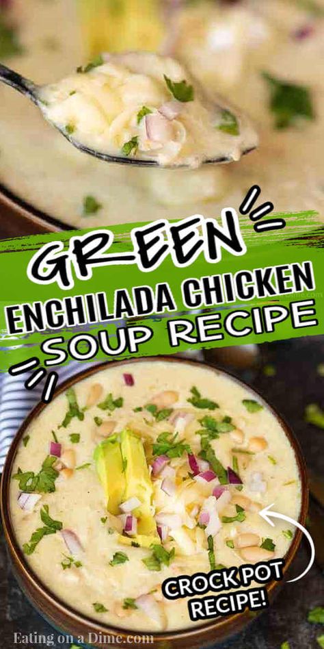 Crock pot green enchilada chicken soup - easy slow cooker recipe Creamy Green Chili Chicken Enchilada Soup, Chicken Verde Soup Crock Pot, Green Chicken Enchilada Soup Crock Pot, Crockpot Green Chicken Enchilada Soup, Slow Cooker Green Enchilada Chicken Soup, Crock Pot Green Enchilada Chicken Soup, Crockpot Green Enchilada Chicken Soup, Green Chili Chicken Enchilada Soup, Green Chile Chicken Enchilada Soup