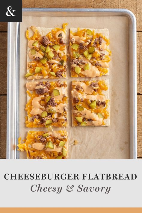 Fulfill your burger cravings flatbread style! A perfect fusion of juicy beef, cheesy goodness and fresh toppings, enjoy a flavorful medley that pleases your palate! Beef Flatbread Recipes, Cheeseburger Flatbread Pizza, Cheeseburger Flatbread, Flatbread Pizza Crust, Pizza Crusts, Flat Breads, Thousand Island, Thousand Island Dressing, Colby Jack