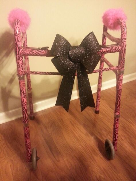 Decorated a handicap walker as a retirement gift. Used duct tape and ribbon! Decorated Walkers Ideas, Walker Decorations Diy, Rollator Decorations, Walker Decorations, Walker Decorations Decorating Ideas, Wheelchair Decor, Cheap Birthday Decorations, Wheelchair Costumes, Construction Theme Birthday Party