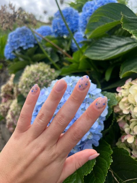 blue flower nails, hydrangeas Blue Hydrangea Nails, Royal Blue Flower Nails, White And Blue Flower Nails, Hydrangea Nail Art, Light Blue Flower Nails, White Nails With Blue Flowers, Hydrangea Nails, Blue Flower Nail Designs, Blue Flower Nails