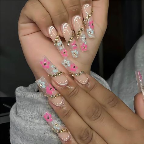 Nails With Gold Rhinestones, Nails With Cherry, Rhinestones Designs, Nails With Gold, Press On Nails Long, Manicure Tips, Nail Remover, Nail Type, Nails Set