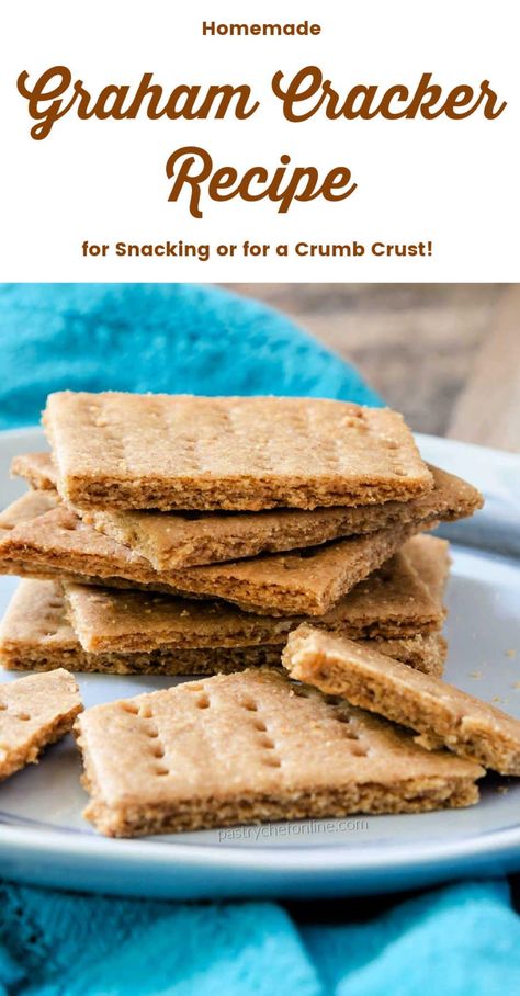 Homemade Graham crackers are easy to make, the recipe makes a ton, and they are so much better than the boxed kind, that you may just kiss the box goodbye and keep a batch of these staples on hand at all times for snacking and for making crumb crust! #Grahamcrackerrecipe #homemadegrahamcrackers #pantrystaple #crumbcrust #homemadesnacks #cookies #pastrychefonline Vegan Graham Crackers, Graham Crackers Recipe, Graham Cracker Recipe, Diet Salad, Graham Flour, Cracker Recipe, Graham Cracker Recipes, Crackers Recipe, Homemade Graham Crackers