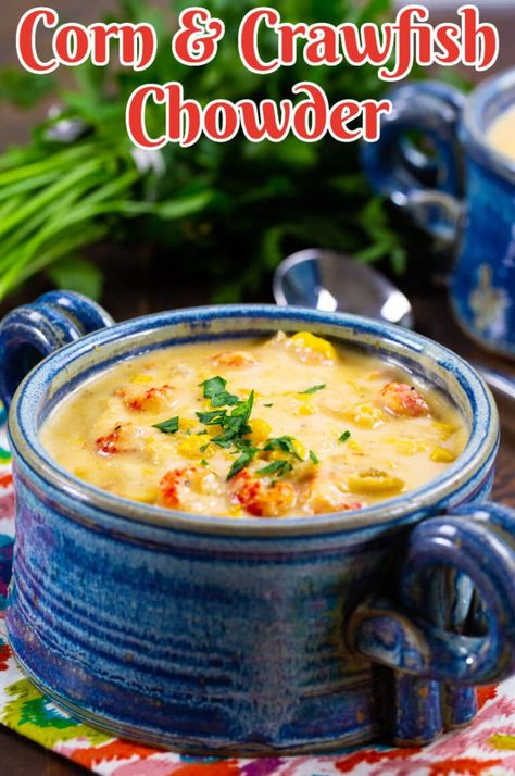 Corn and Crawfish Chowder Crawfish Corn Potato Soup, Crawfish And Corn Soup, Crawfish And Corn Chowder, Crawfish Chowder Recipes, Crawfish Pepper Jack Soup, Corn And Crawfish Bisque, Crawfish And Corn Bisque, Cajun Chowder, Crawfish Corn Chowder