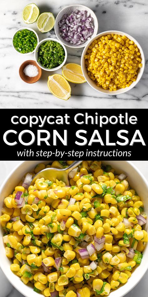 This copycat Chipotle corn salsa recipe requires just a handful of ingredients - canned corn, red onion, cilantro, jalapeno, lemon juice, and Iime juice - that you probably already have on hand and tastes just like the salsa you'll find at Chipotle Mexican grill! It's the perfect make-ahead accompaniment for sheet pan nachos, chicken tacos, or southwest salads! Copycat Chipotle Corn Salsa, Southwest Salads, Chipotle Corn Salsa, Nachos Chicken, Chipotle Corn, Pan Nachos, Copycat Chipotle, Corn Salsa Recipe, Chipotle Mexican Grill