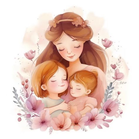 Premium Photo | Mothers day Mom and babies in watercolor style Mother S Day Wallpaper, Cute Mother And Daughter Drawings, Mom And Two Daughters Drawing, Mother Of Daughters, Mom And 2 Daughters, Mother Watercolor, Mother Of Two Daughters, Mother And Baby Paintings, Mom Illustration