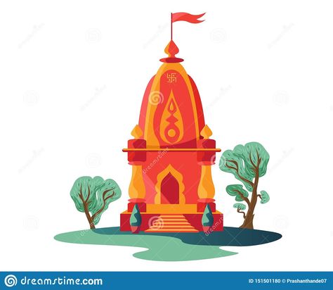 Temple Illustration, Temple Hindu, Small Temple, Trees Illustration, Temple Drawing, Flag Illustration, Small Flags, Hindu Temple, Vector Illustrations