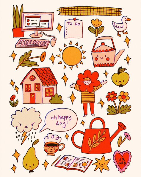 Some fun digital stickers I made last year! Available as a free download on my Patreon to use as a printable or digital stickers in something like Goodnotes! yay!! My favourite is the red watering can :) #digitaldrawing #procreate #doodle Journal Illustration Ideas, Print Stickers Free Printable, Fun Stickers Design, Journal Stickers Ideas, Watering Can Drawing, Printable Stickers For Journal, Sticker Sheets Free Printable, Good Notes Stickers Free, Watering Can Illustration